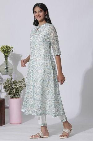 White Floral Printed Kota Kurta And Pants Set - wforwoman