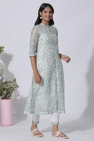 White Floral Printed Kota Kurta And Pants Set - wforwoman