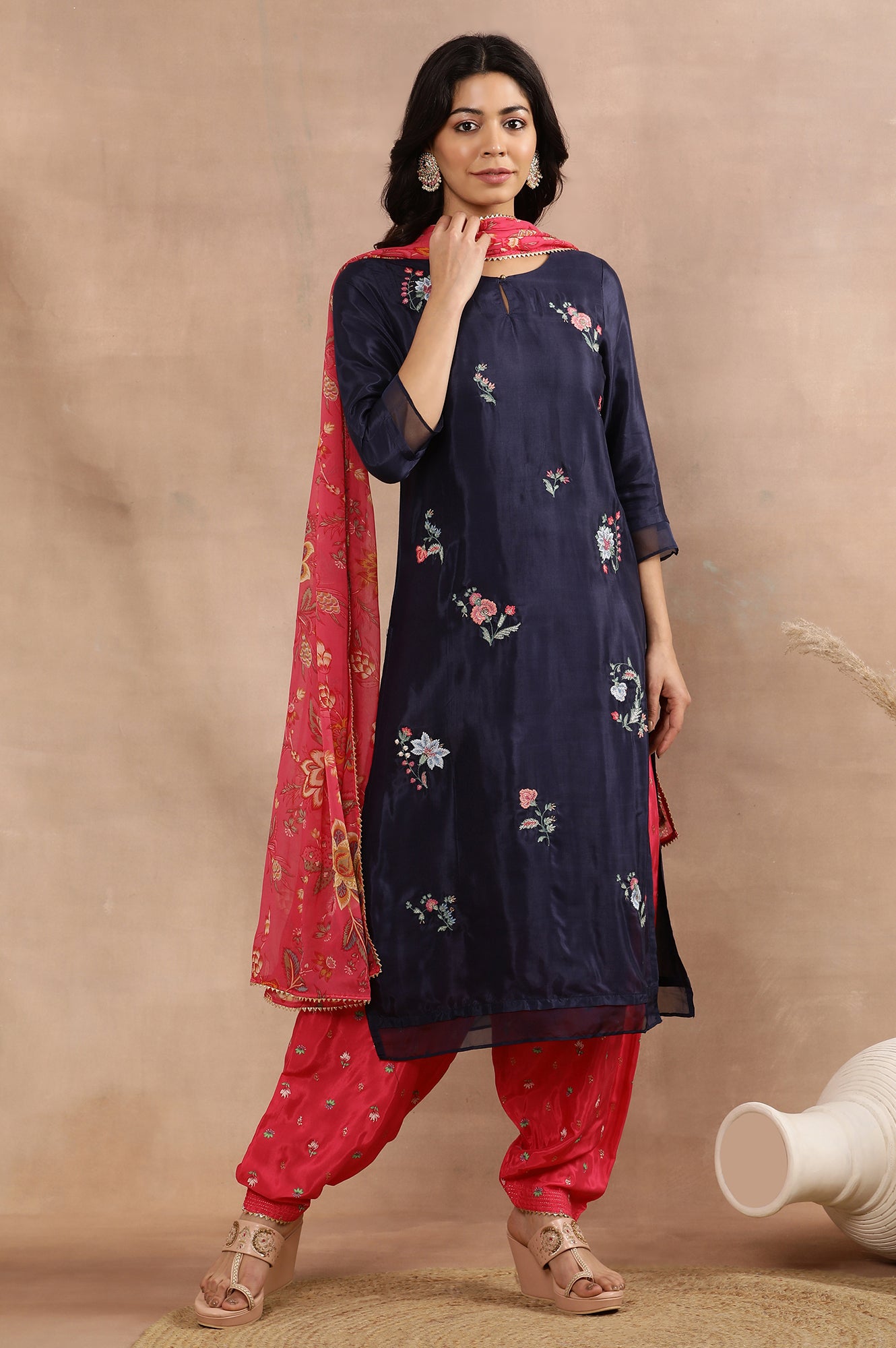 Blue Embroidered Kurta, Printed Salwar And Dupatta Set