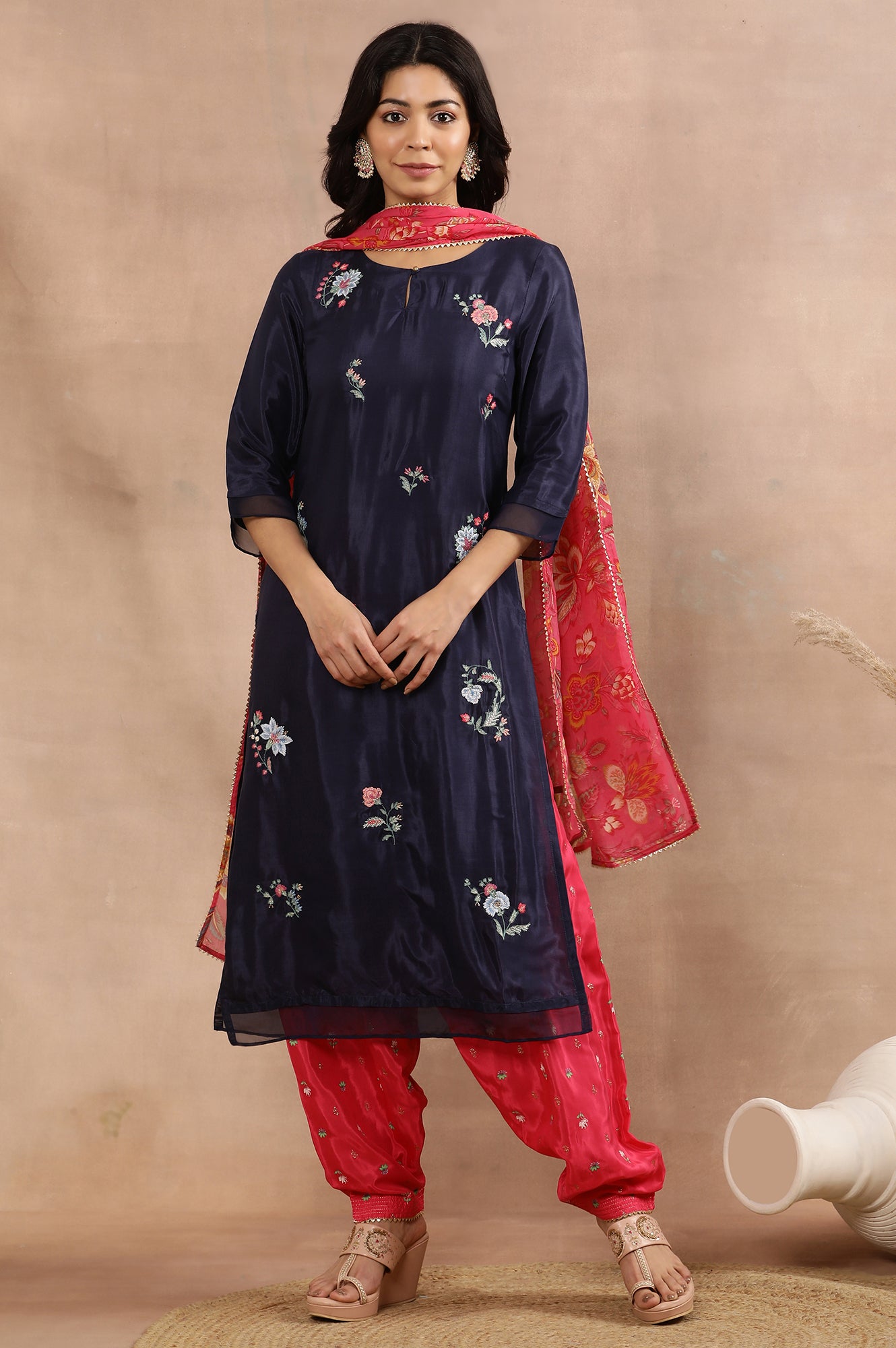 Blue Embroidered Kurta, Printed Salwar And Dupatta Set