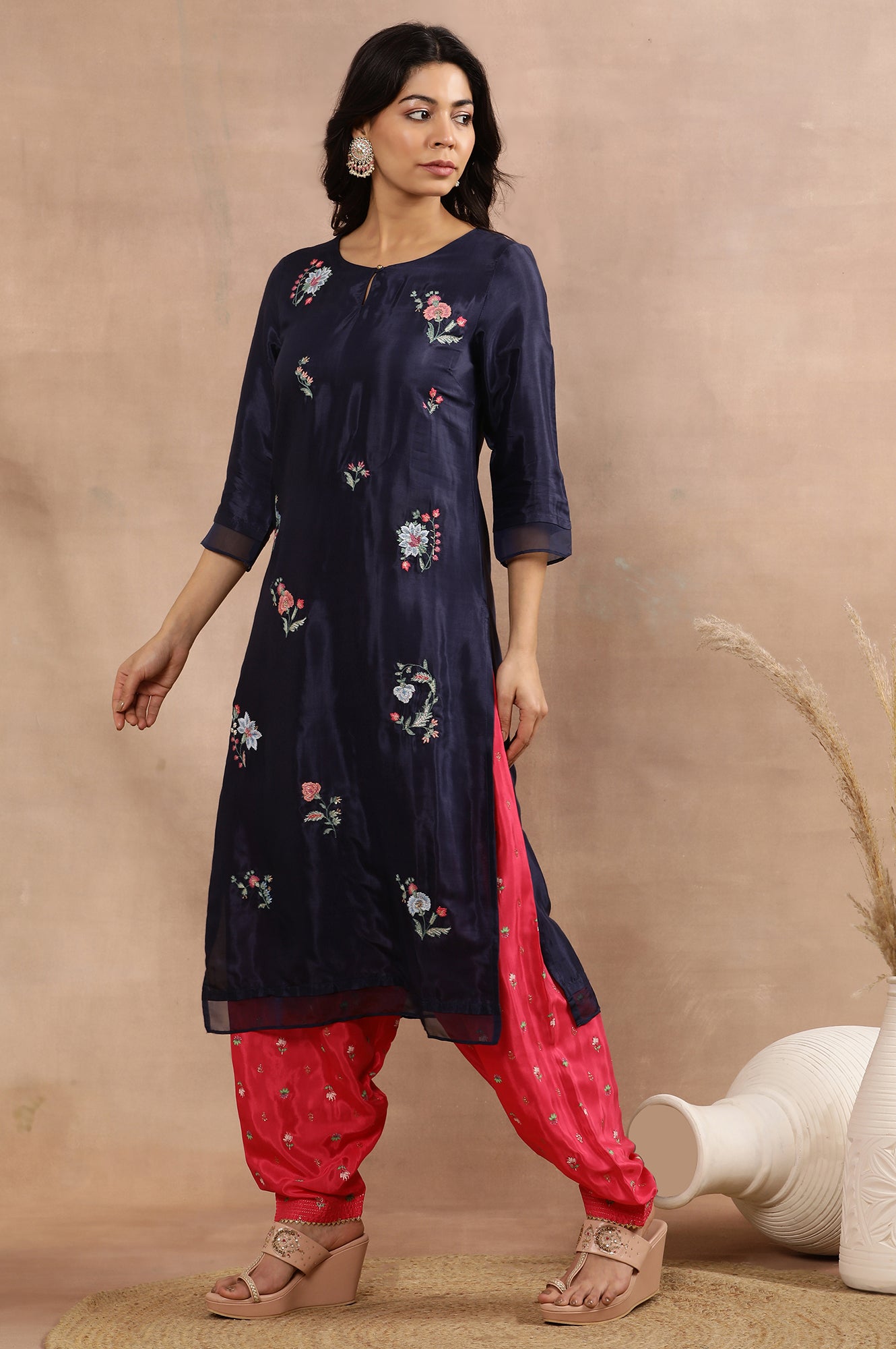 Blue Embroidered Kurta, Printed Salwar And Dupatta Set