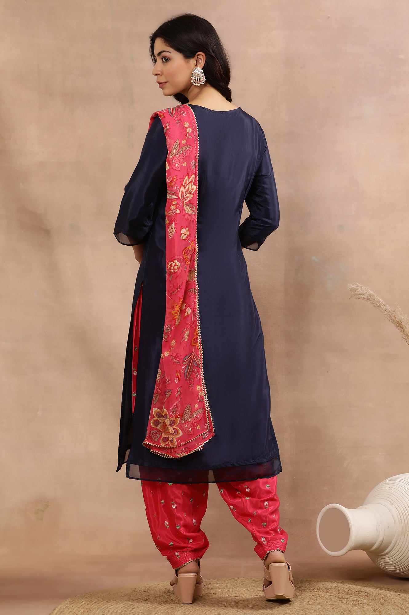 Blue Embroidered Kurta, Printed Salwar And Dupatta Set