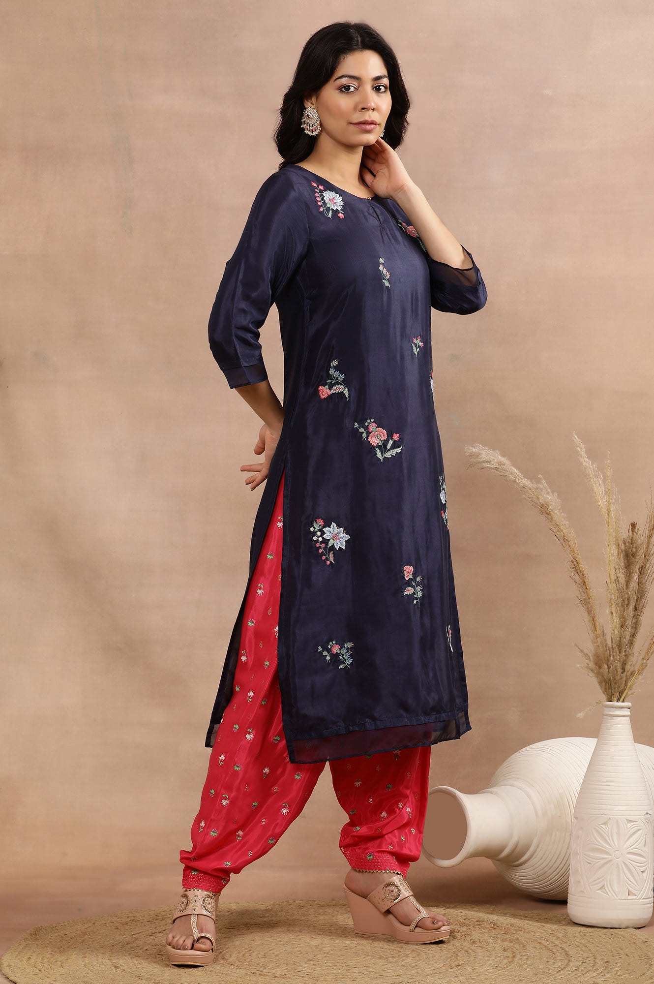 Blue Embroidered Kurta, Printed Salwar And Dupatta Set