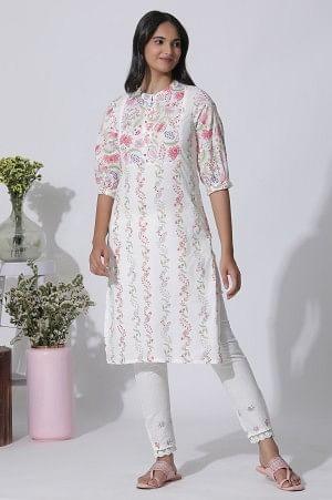 White Floral Printed Straight Cotton Kurta And Pants Set - wforwoman