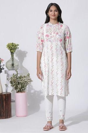 White Floral Printed Straight Cotton Kurta And Pants Set - wforwoman