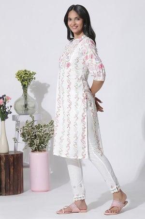 White Floral Printed Straight Cotton Kurta And Pants Set - wforwoman