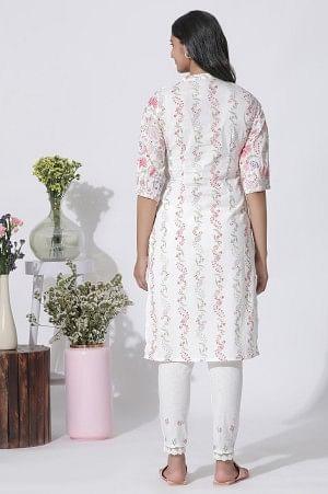 White Floral Printed Straight Cotton Kurta And Pants Set - wforwoman