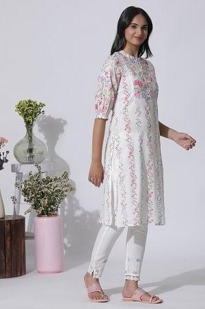 White Floral Printed Straight Cotton Kurta And Pants Set - wforwoman