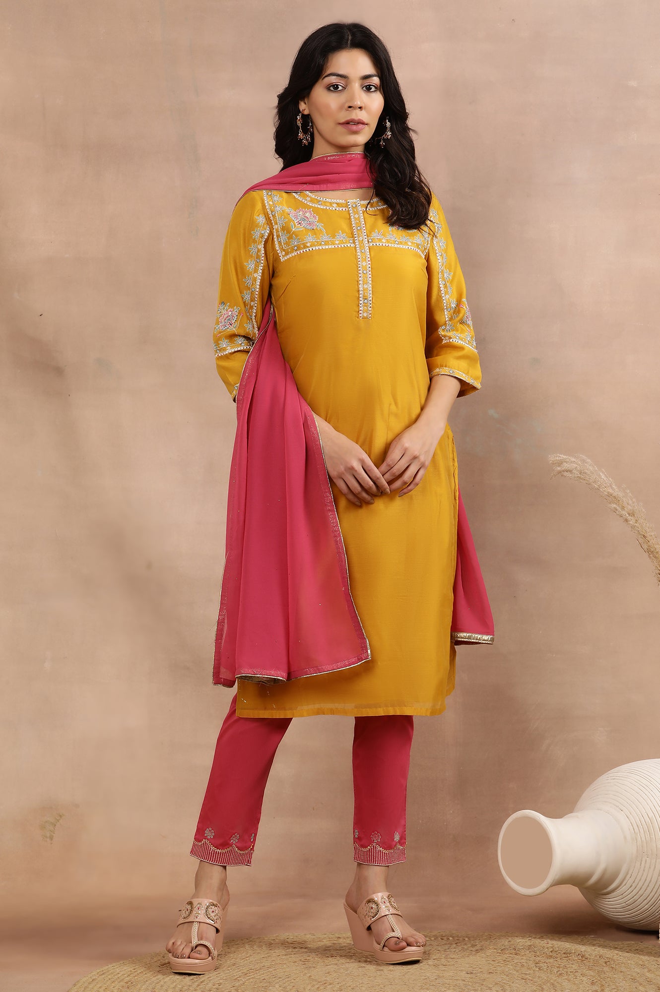 Yellow Embroidered Straight Kurta, Pink Slim Pants And Dupatta Set