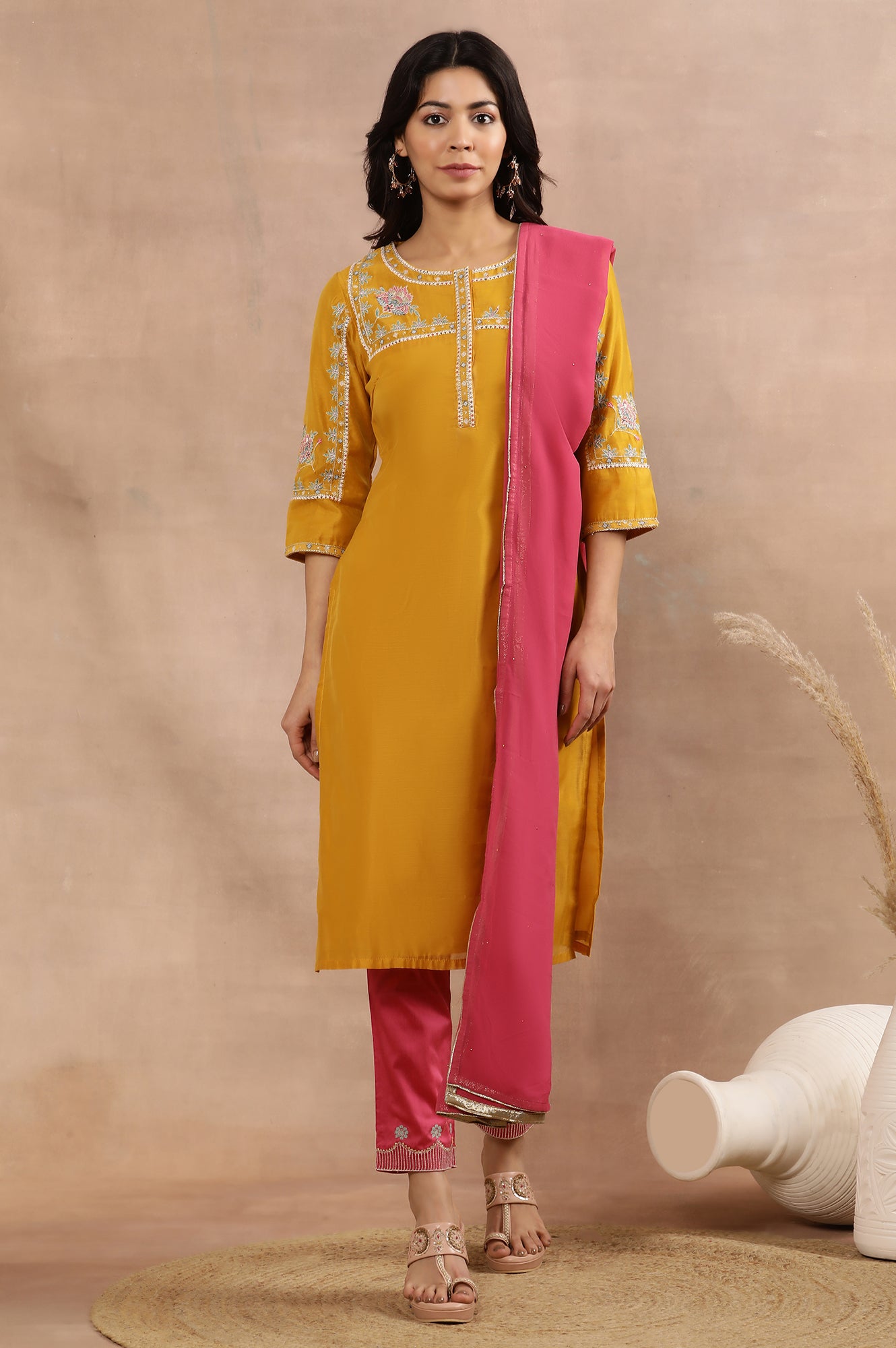 Yellow Embroidered Straight Kurta, Pink Slim Pants And Dupatta Set