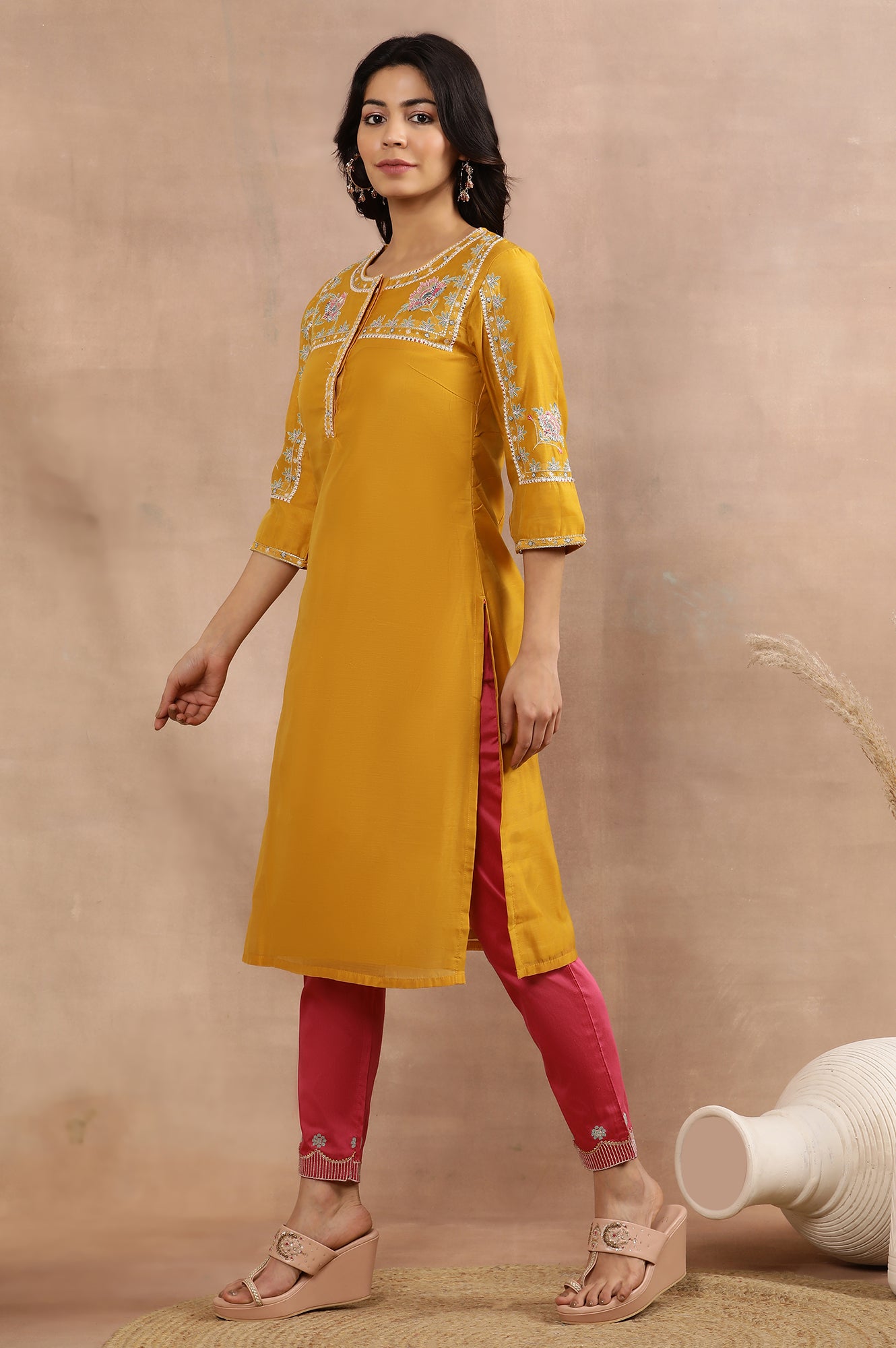 Yellow Embroidered Straight Kurta, Pink Slim Pants And Dupatta Set