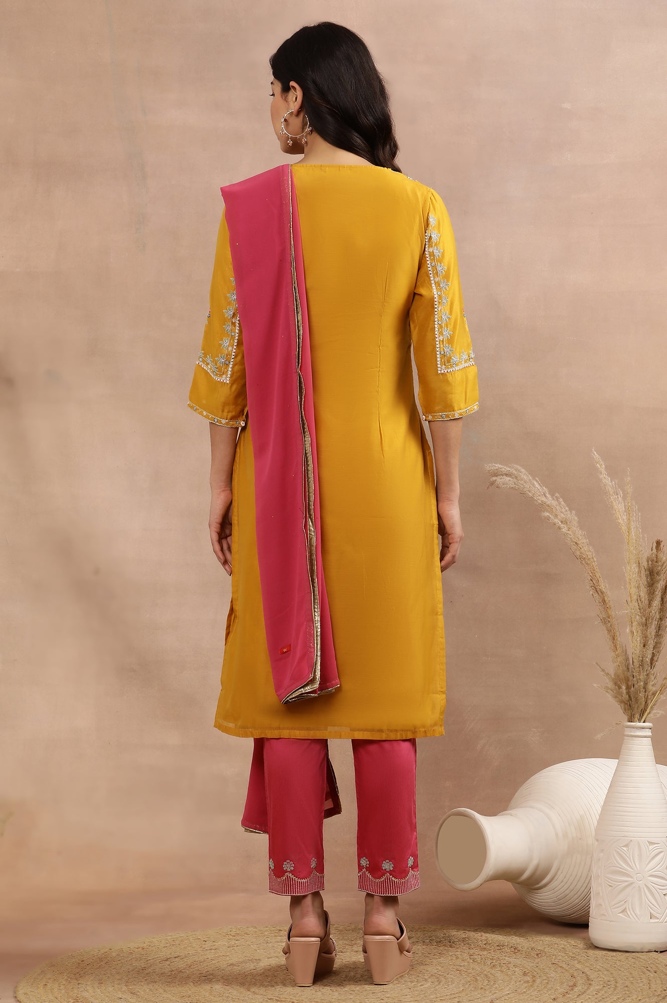 Yellow Embroidered Straight Kurta, Pink Slim Pants And Dupatta Set