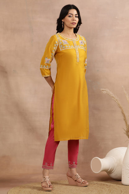 Yellow Embroidered Straight Kurta, Pink Slim Pants And Dupatta Set