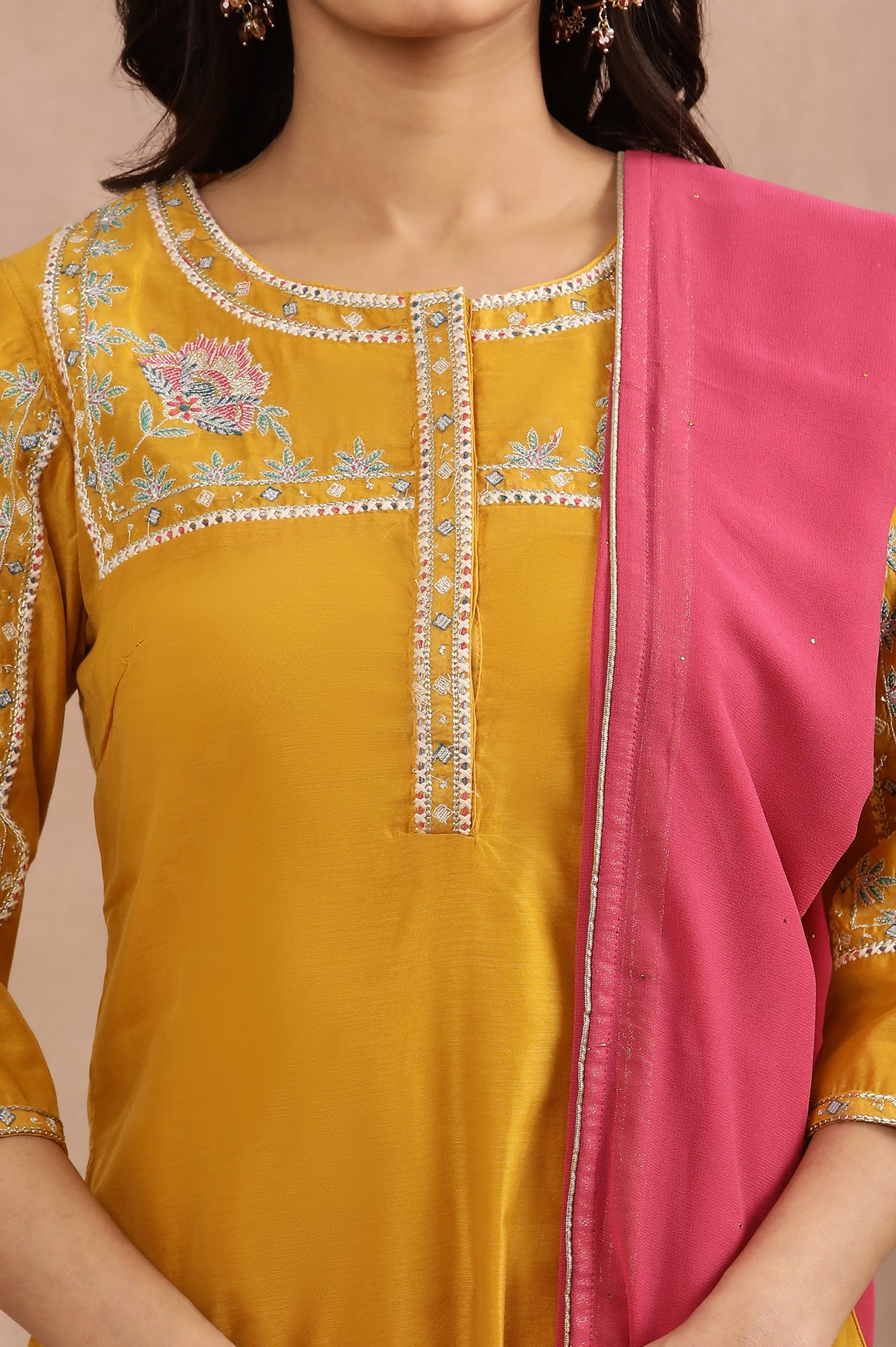 Yellow Embroidered Straight Kurta, Pink Slim Pants And Dupatta Set