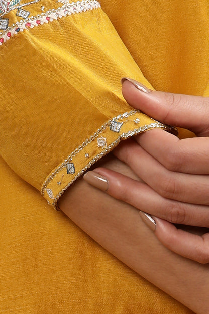 Yellow Embroidered Straight Kurta, Pink Slim Pants And Dupatta Set