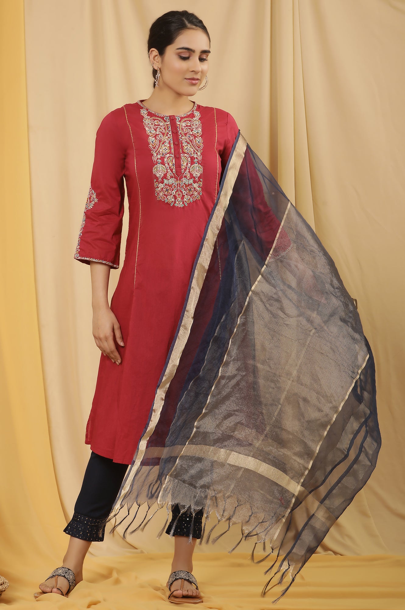 Maroon Embroidered Festive Kurta, Embellished Pants And Dupatta Set