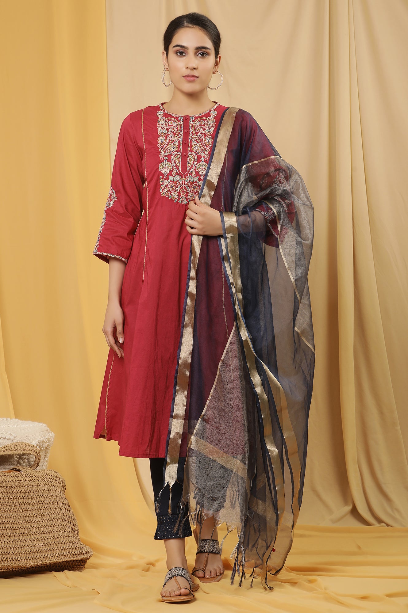 Maroon Embroidered Festive Kurta, Embellished Pants And Dupatta Set