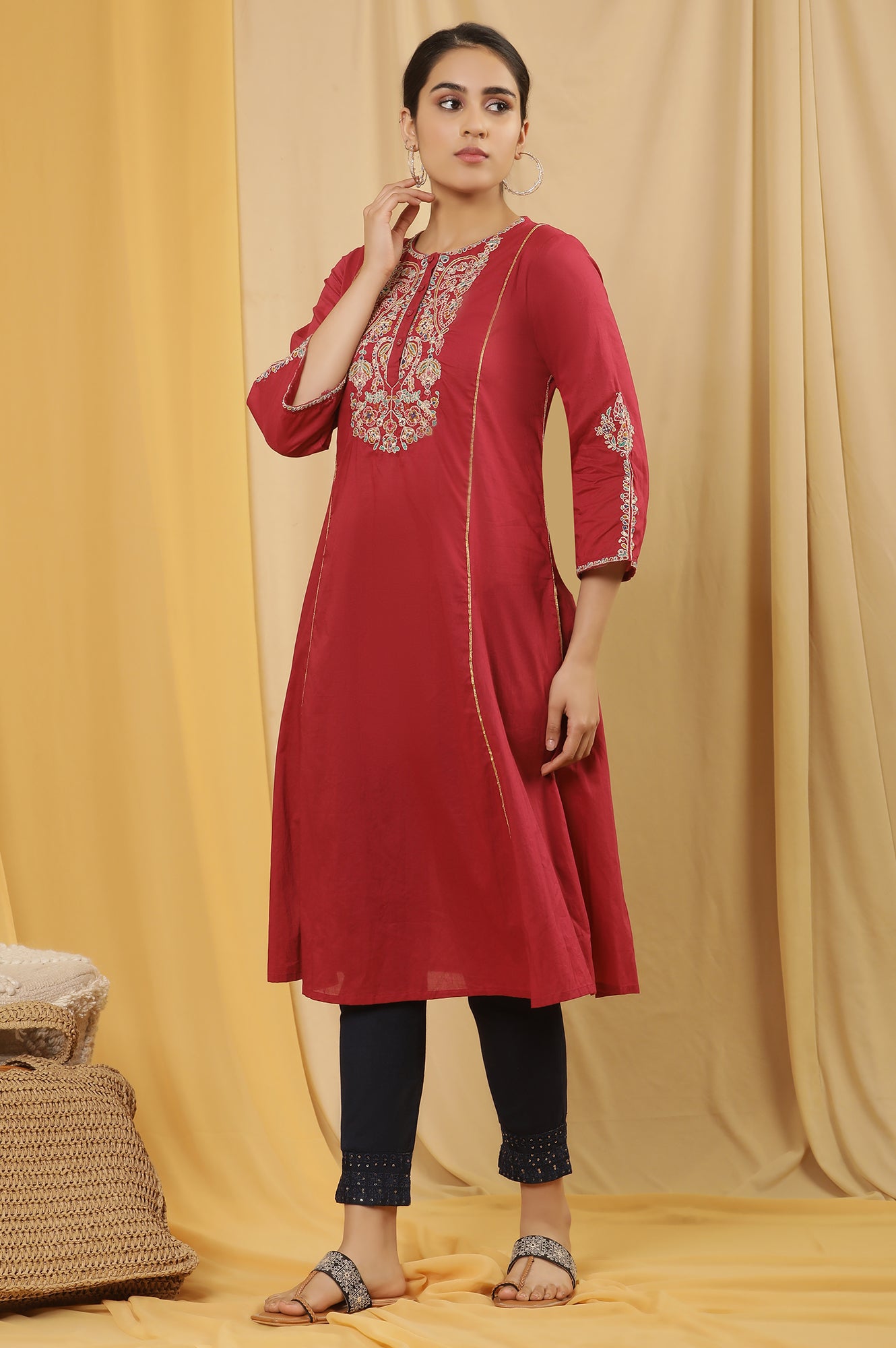 Maroon Embroidered Festive Kurta, Embellished Pants And Dupatta Set