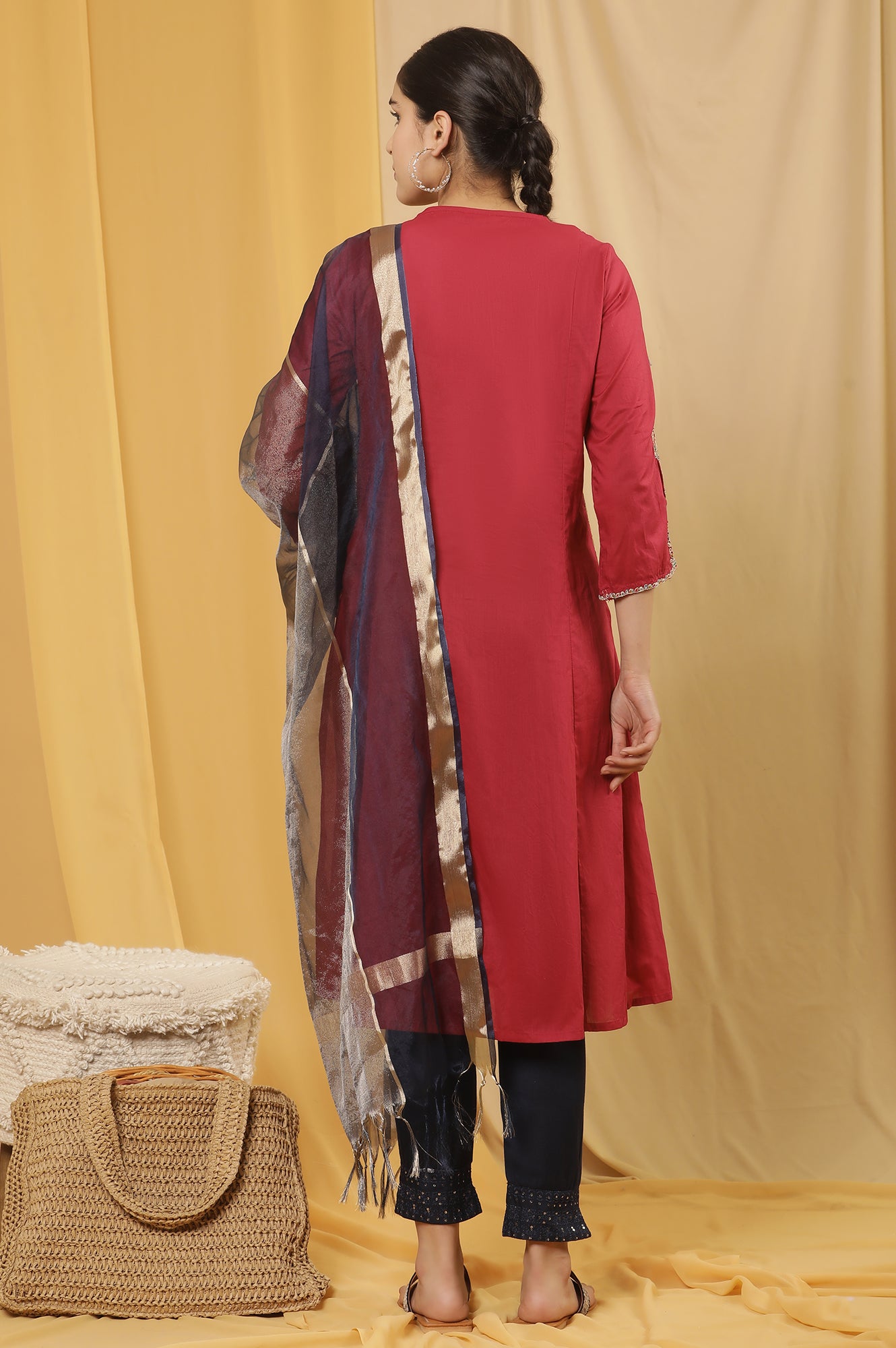 Maroon Embroidered Festive Kurta, Embellished Pants And Dupatta Set