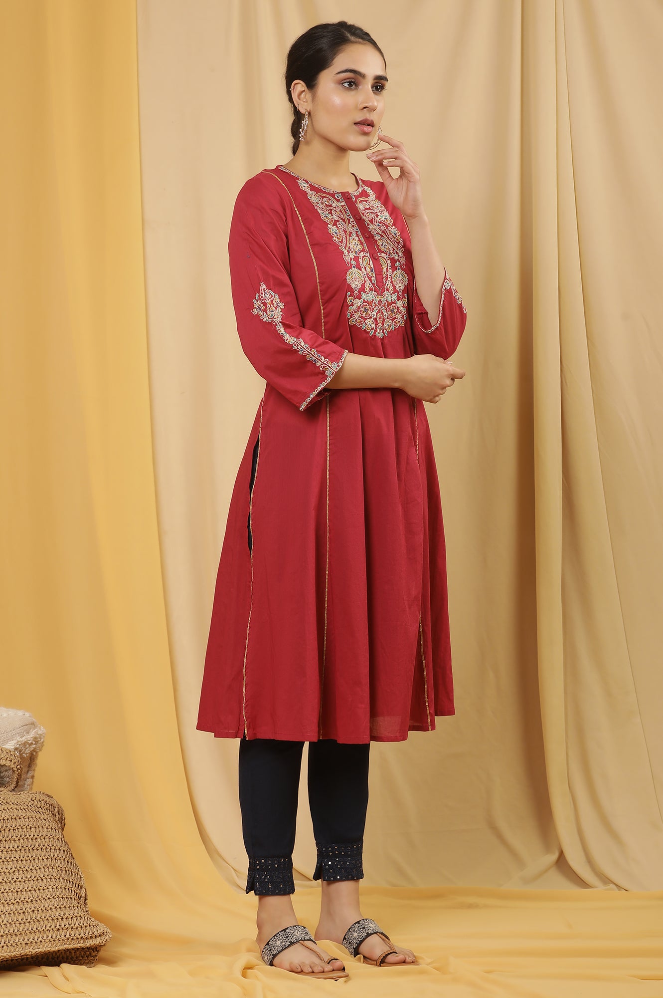 Maroon Embroidered Festive Kurta, Embellished Pants And Dupatta Set