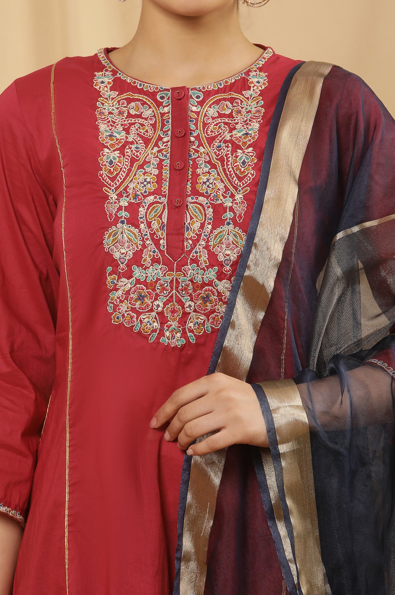 Maroon Embroidered Festive Kurta, Embellished Pants And Dupatta Set