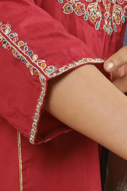 Maroon Embroidered Festive Kurta, Embellished Pants And Dupatta Set