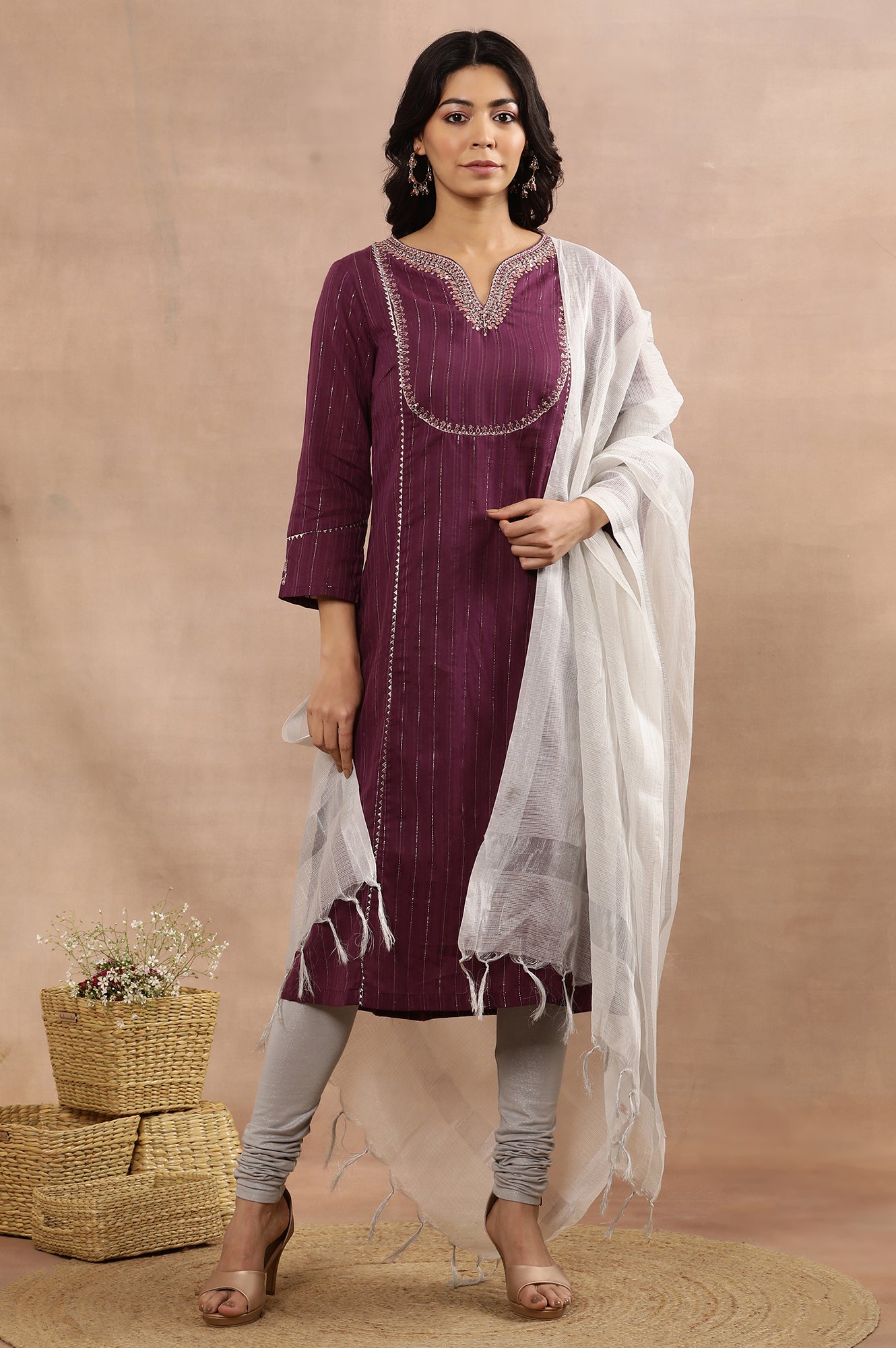 Purple Embroidered Kurta, Silver Tights And Dupatta Set