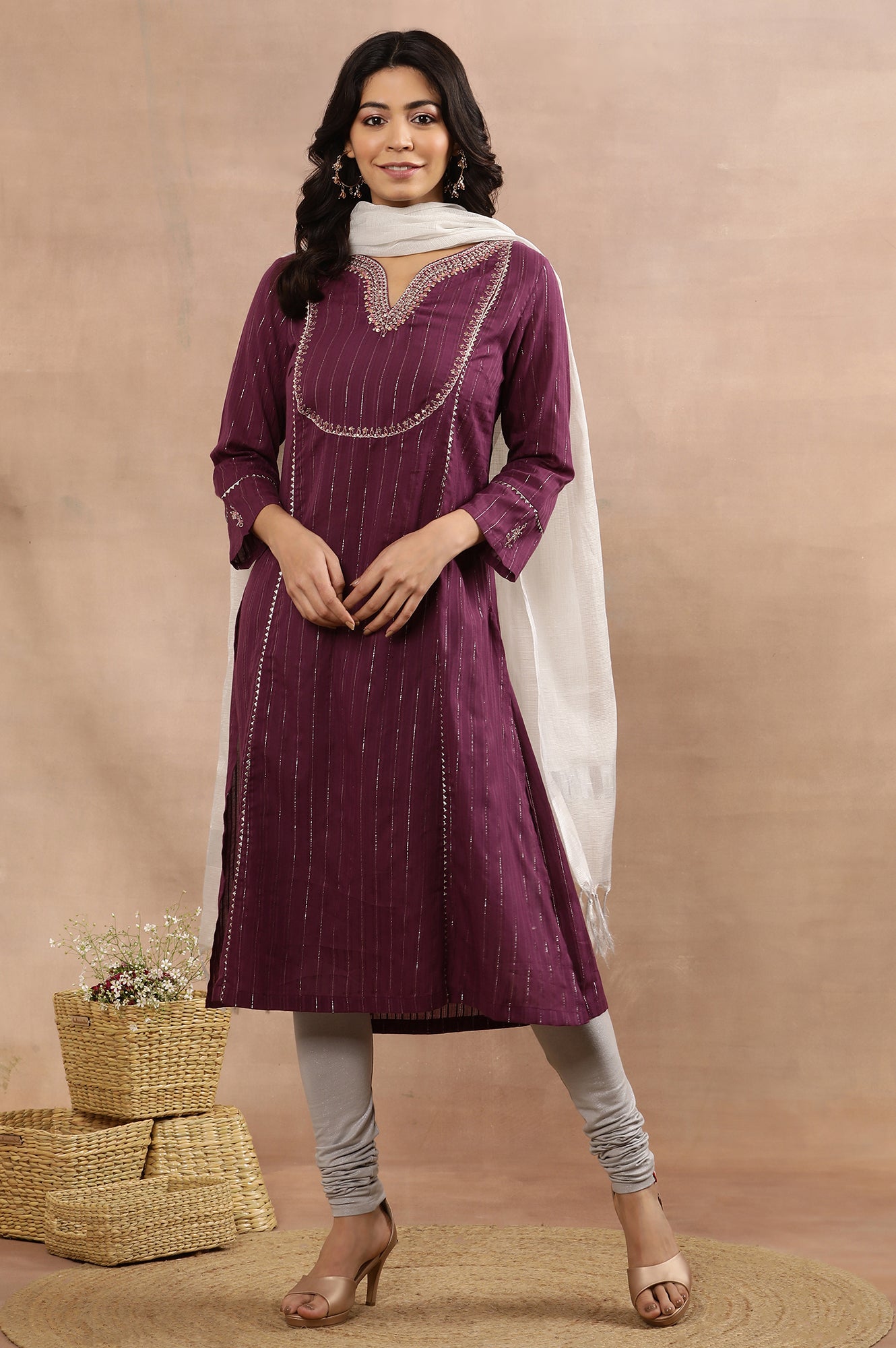 Purple Embroidered Kurta, Silver Tights And Dupatta Set