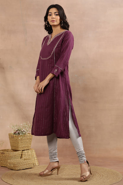 Purple Embroidered Kurta, Silver Tights And Dupatta Set