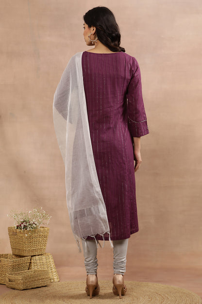 Purple Embroidered Kurta, Silver Tights And Dupatta Set