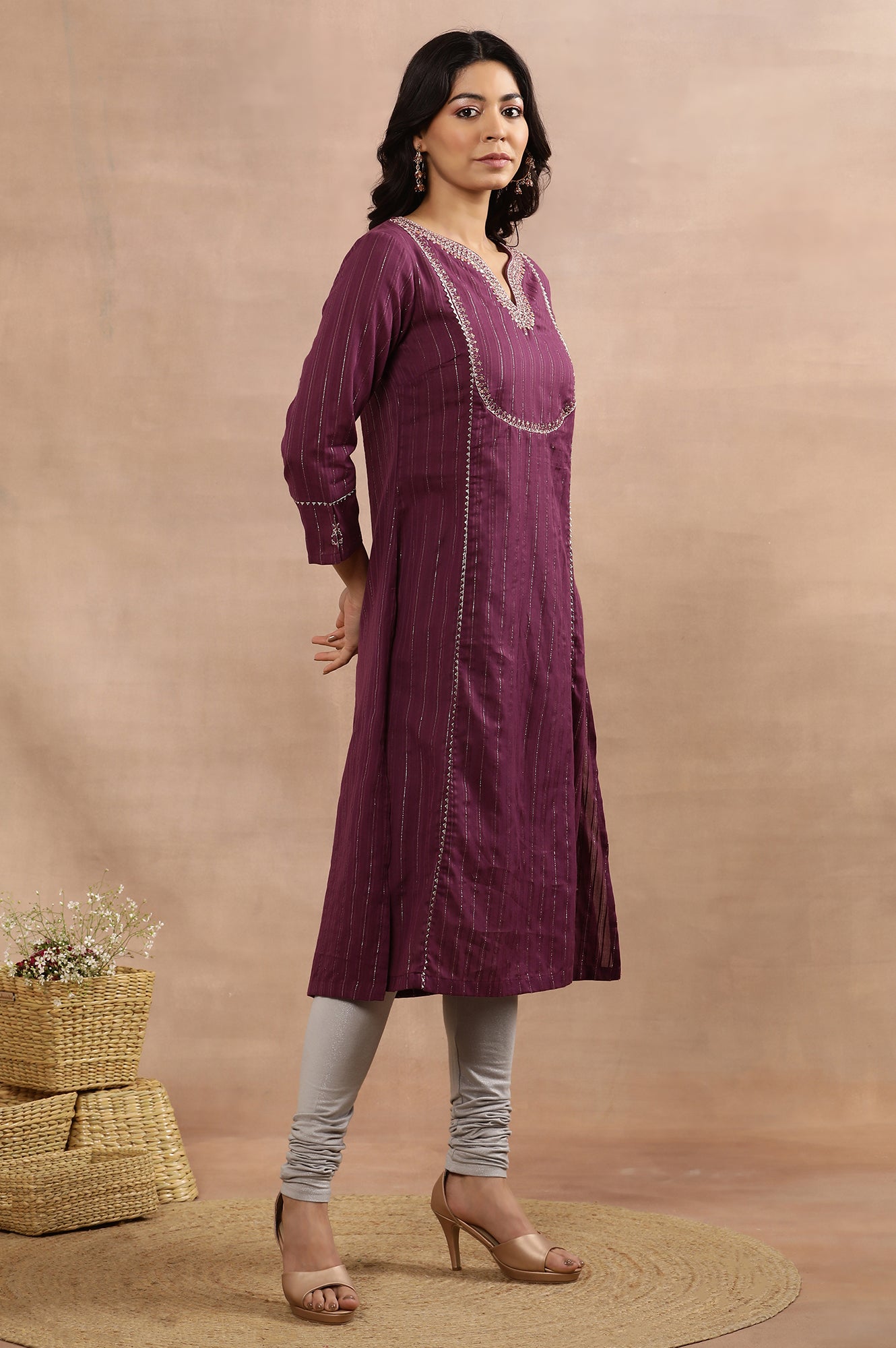 Purple Embroidered Kurta, Silver Tights And Dupatta Set