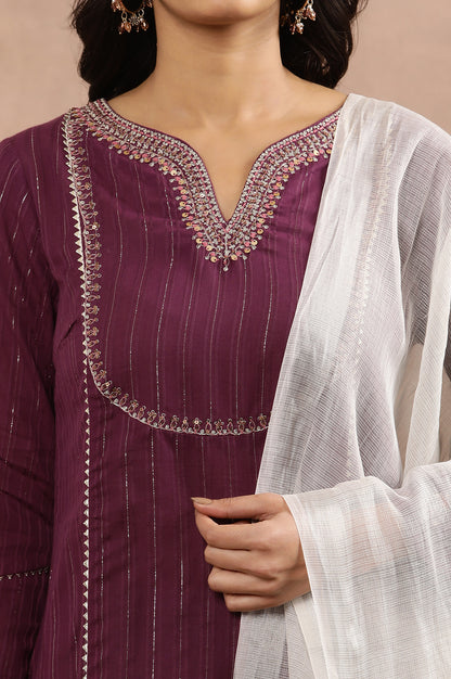 Purple Embroidered Kurta, Silver Tights And Dupatta Set