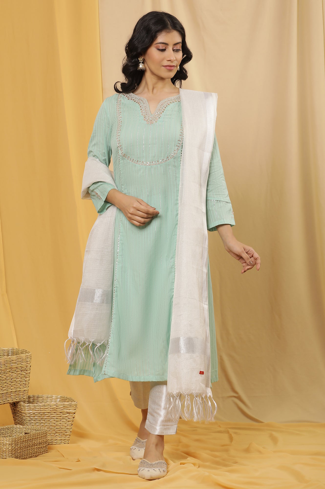 Blue Flared Embroidered Kurta, Slim Pants And Dupatta Set