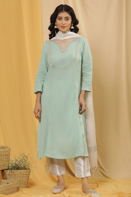 Blue Flared Embroidered Kurta, Slim Pants And Dupatta Set