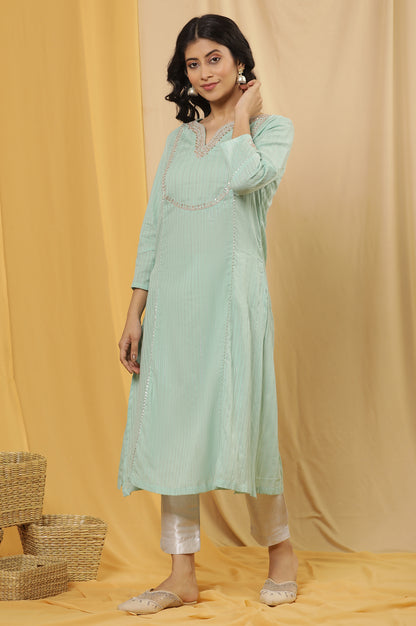 Blue Flared Embroidered Kurta, Slim Pants And Dupatta Set