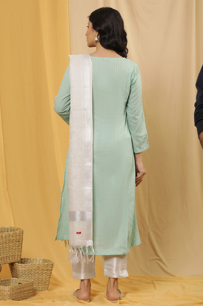 Blue Flared Embroidered Kurta, Slim Pants And Dupatta Set