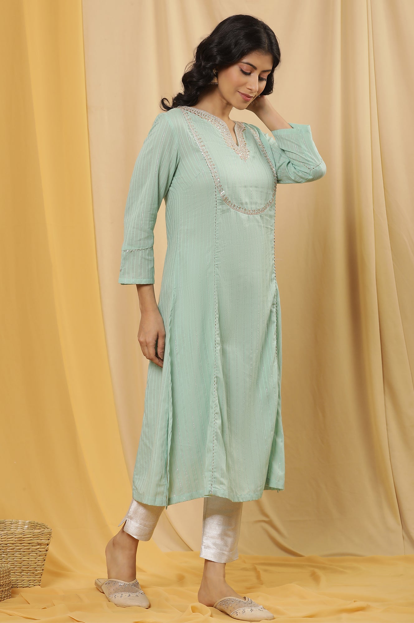 Blue Flared Embroidered Kurta, Slim Pants And Dupatta Set