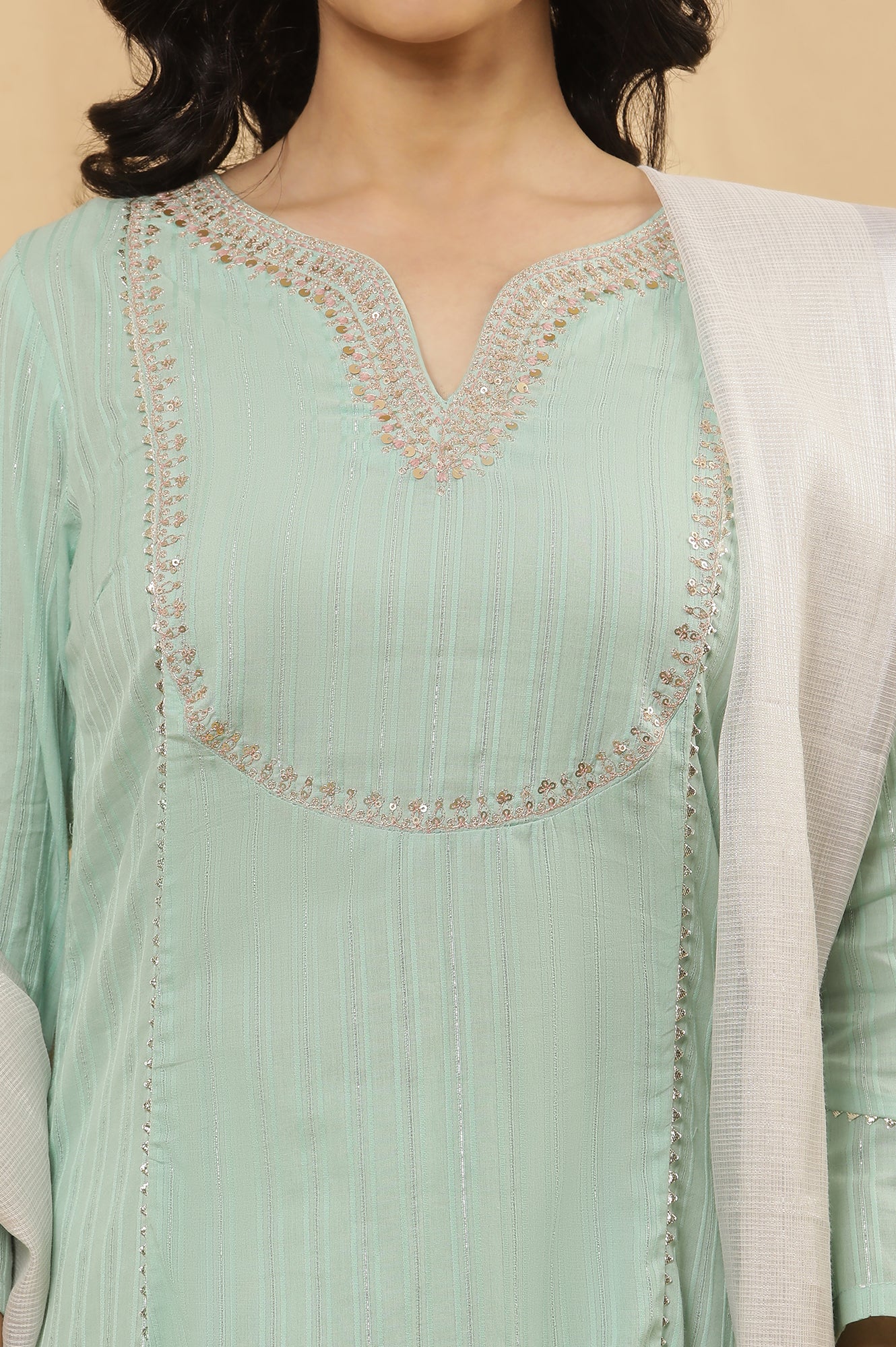 Blue Flared Embroidered Kurta, Slim Pants And Dupatta Set