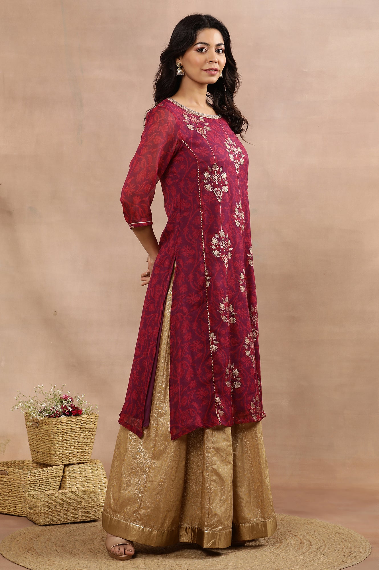 Purple Zari Embroidered Kurta And Skirt Set