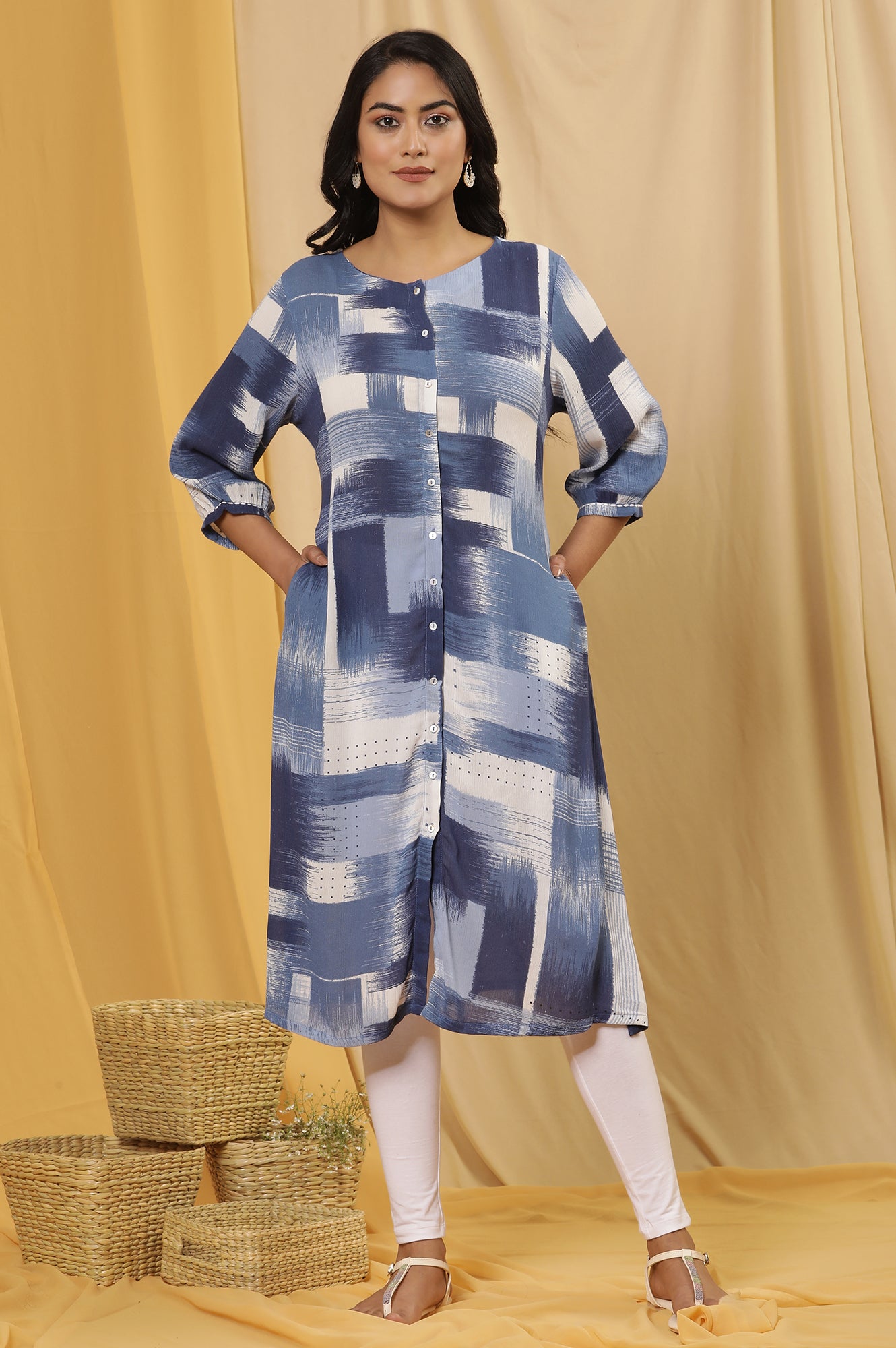 Blue Abstract Printed Kurta And Tights Set