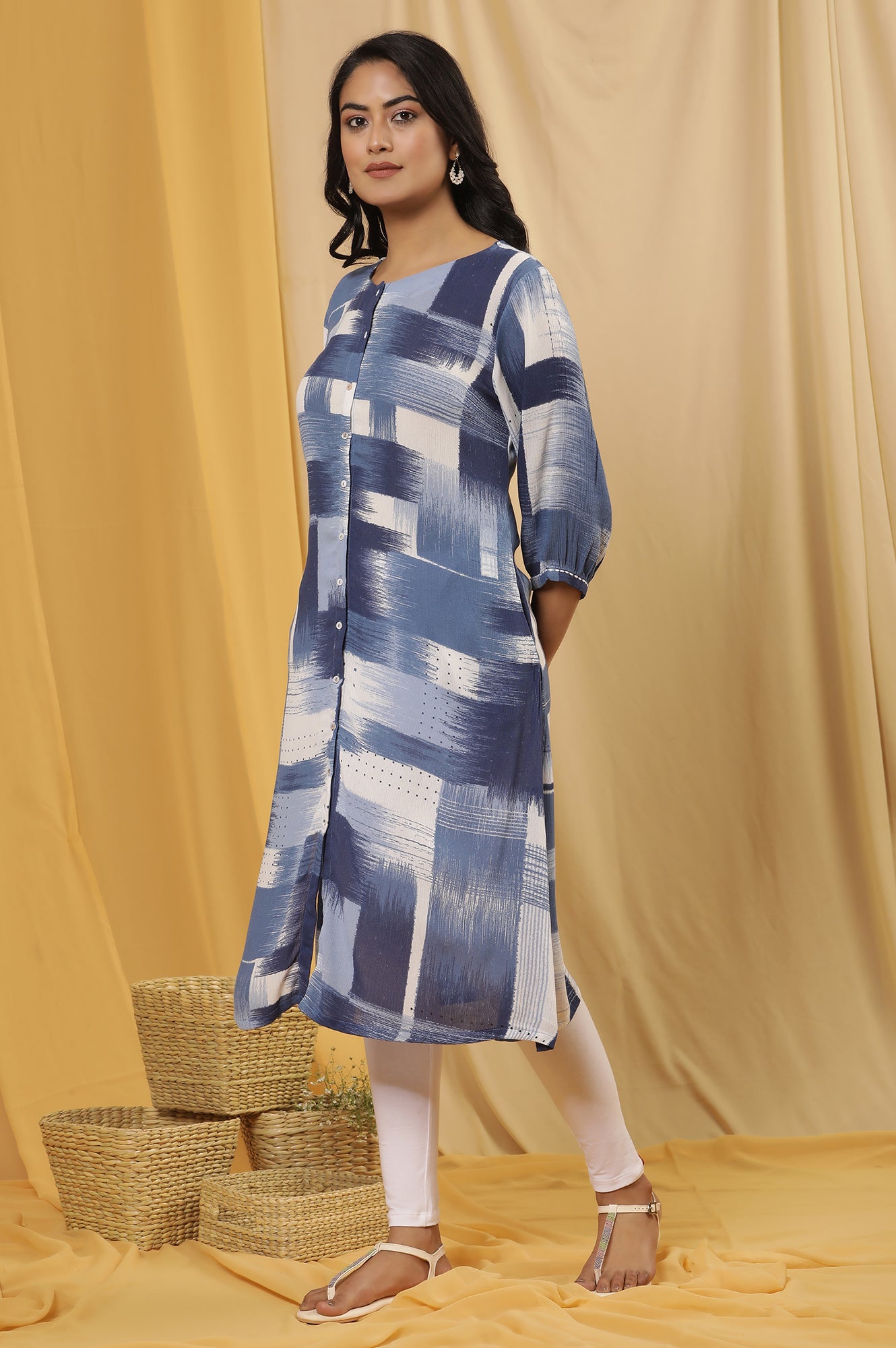 Blue Abstract Printed Kurta And Tights Set