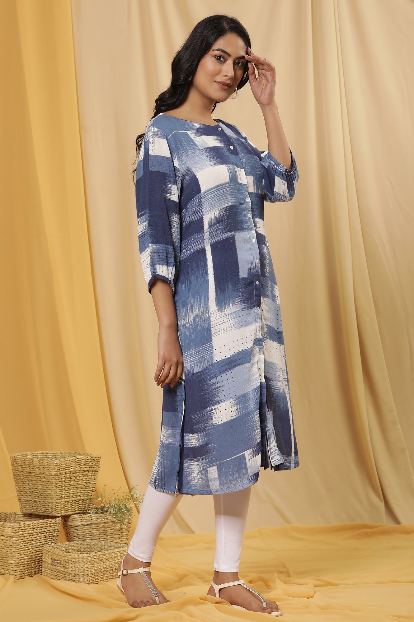 Blue Abstract Printed Kurta And Tights Set