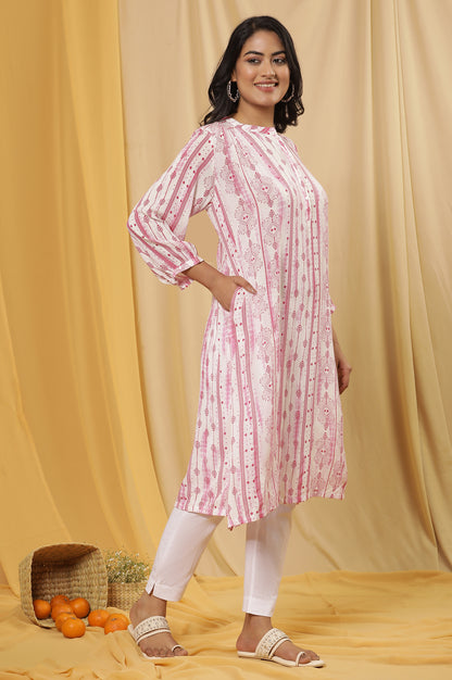 White And Pink Printed Kurta And Pants Set