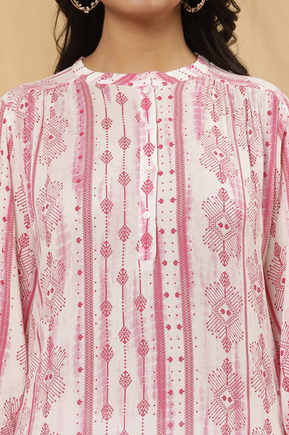 White And Pink Printed Kurta And Pants Set