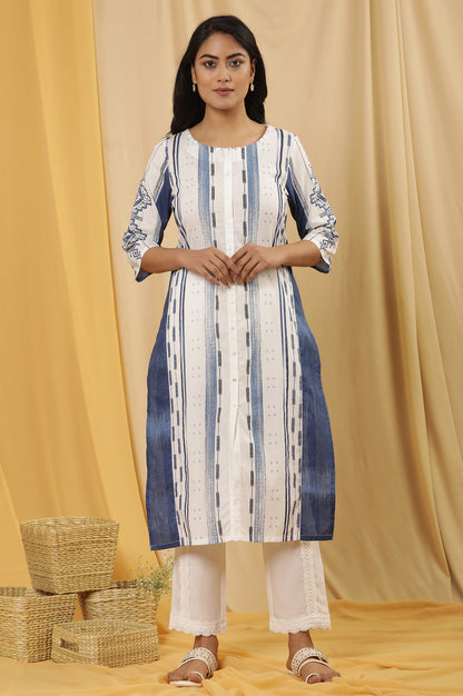 White Kantha Printed Kurta And Lace Straight Pants