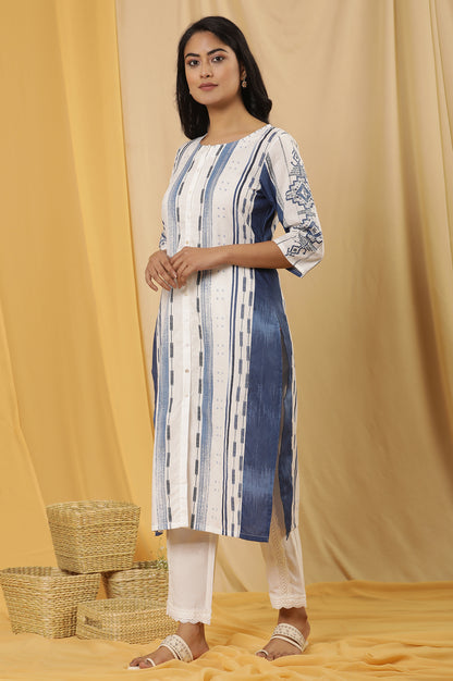 White Kantha Printed Kurta And Lace Straight Pants