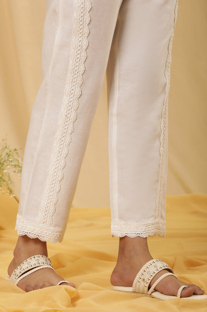 White Kantha Printed Kurta And Lace Straight Pants