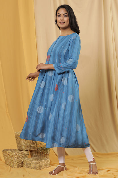 Blue Box Pleats Printed Kurta And Tights Set