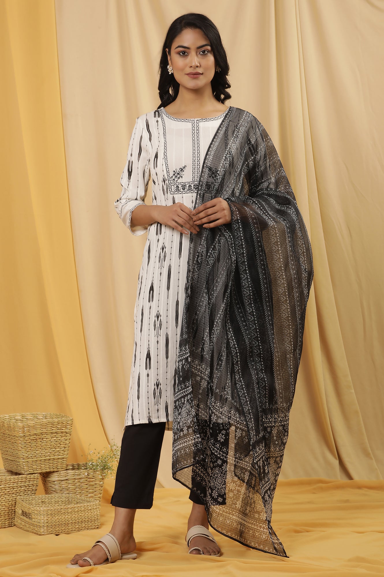 White Printed Kurta, Trousers And Kota Dupatta Set