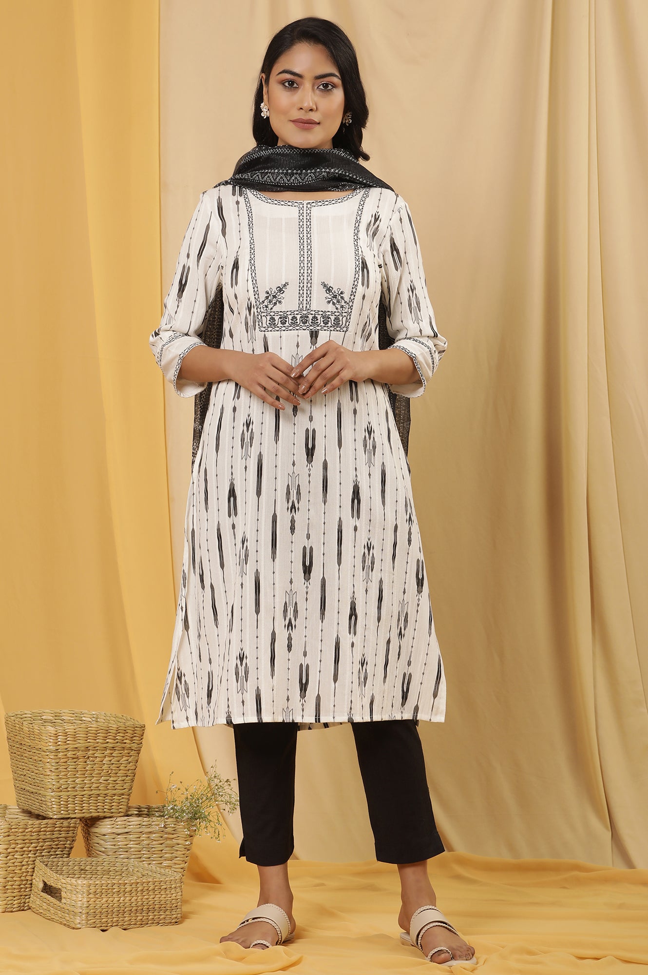 White Printed Kurta, Trousers And Kota Dupatta Set